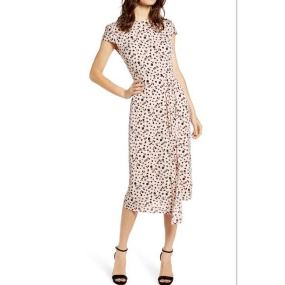 Leith Dress Size Small Pink Black Floral Print Cap Sleeve‎ Midi Dress